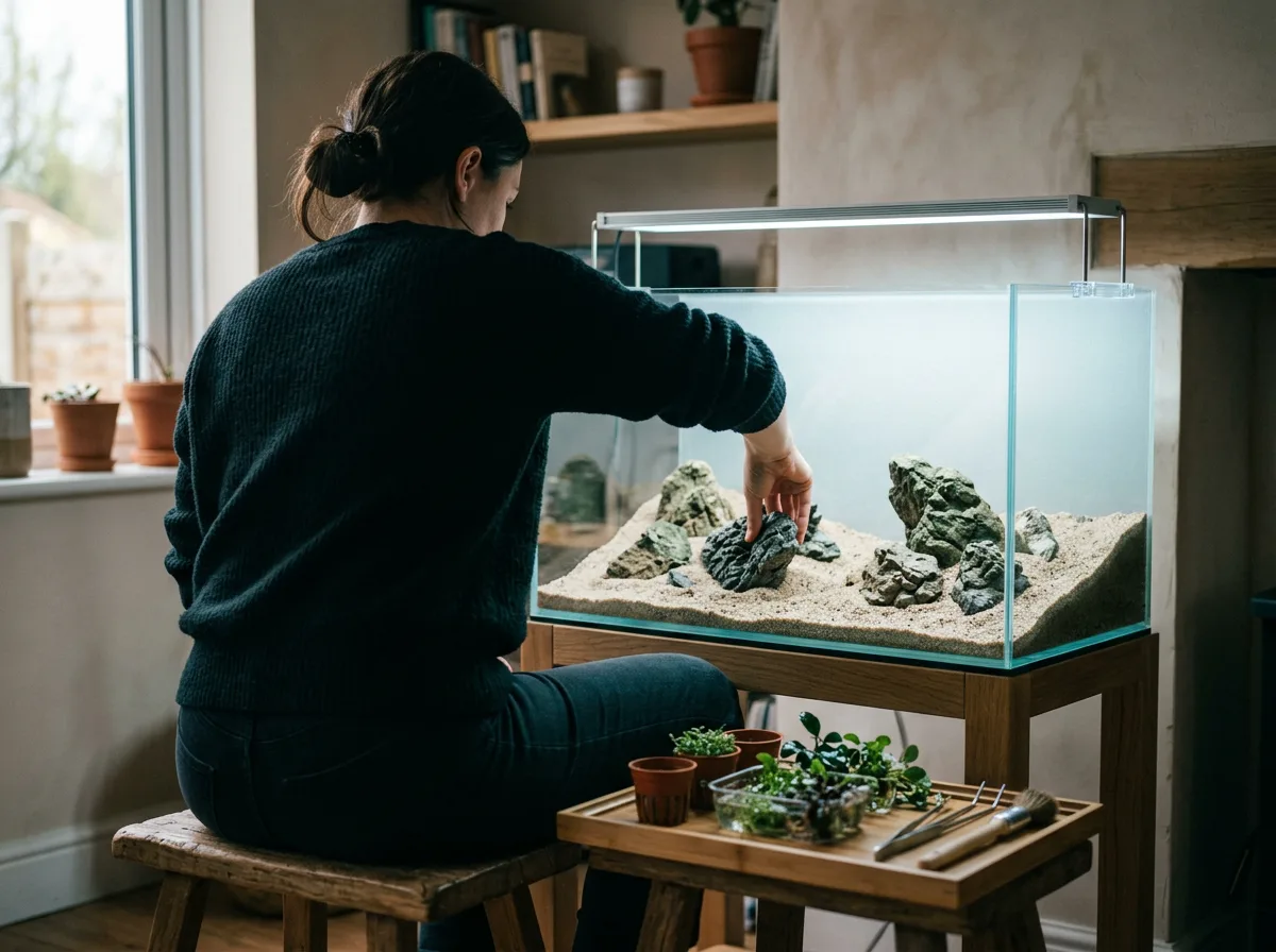 Yeni kurulmuş boş bir akvaryumun önünde kum ve taşları yerleştiren, arkadan görünen bir akvaryum meraklısı.